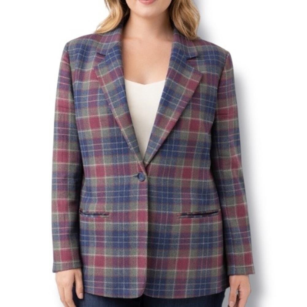 Vintage Plaid Wool Blazer Jacket Womens Size 14 Burgundy Navy Green Preppy